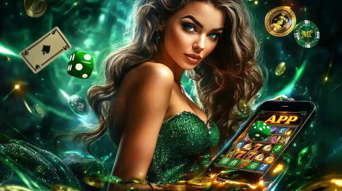 An enchanting woman with flowing hair, adorned in green, gazes captivatingly, surrounded by floating cards, dice, and coins, alongside a smartphone featuring the ck77 gaming app.