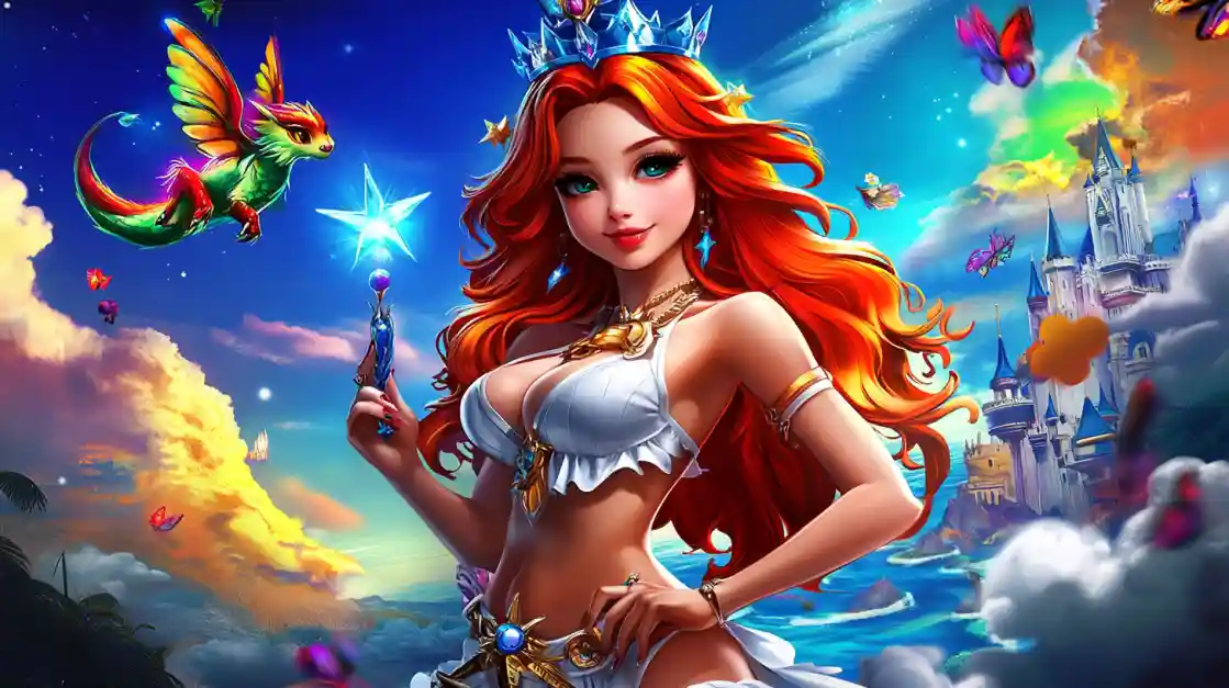 A vibrant fantasy scene featuring a beautiful princess with fiery red hair and a crown, holding a magic wand, with a small winged dragon and a fairytale castle in the background, embodying the magical world of ck77.