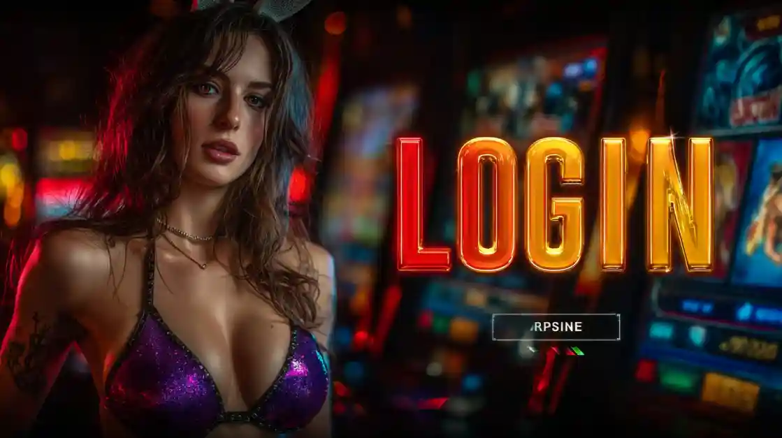 A captivating woman in a shimmering top stands beside a prominent LOGIN interface, with ck77 slot machines softly blurred in the background, inviting users to enter the world of ck77.