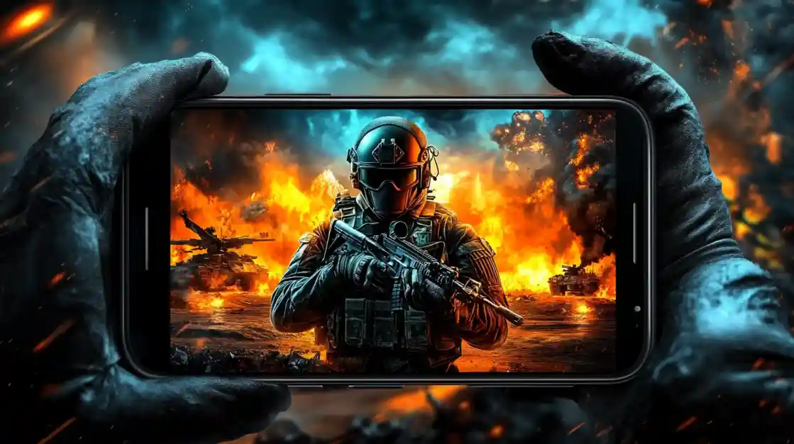 Hands holding a smartphone displaying an intense military shooter game with a soldier amidst explosions and tanks, showcasing the immersive action available on ck77.