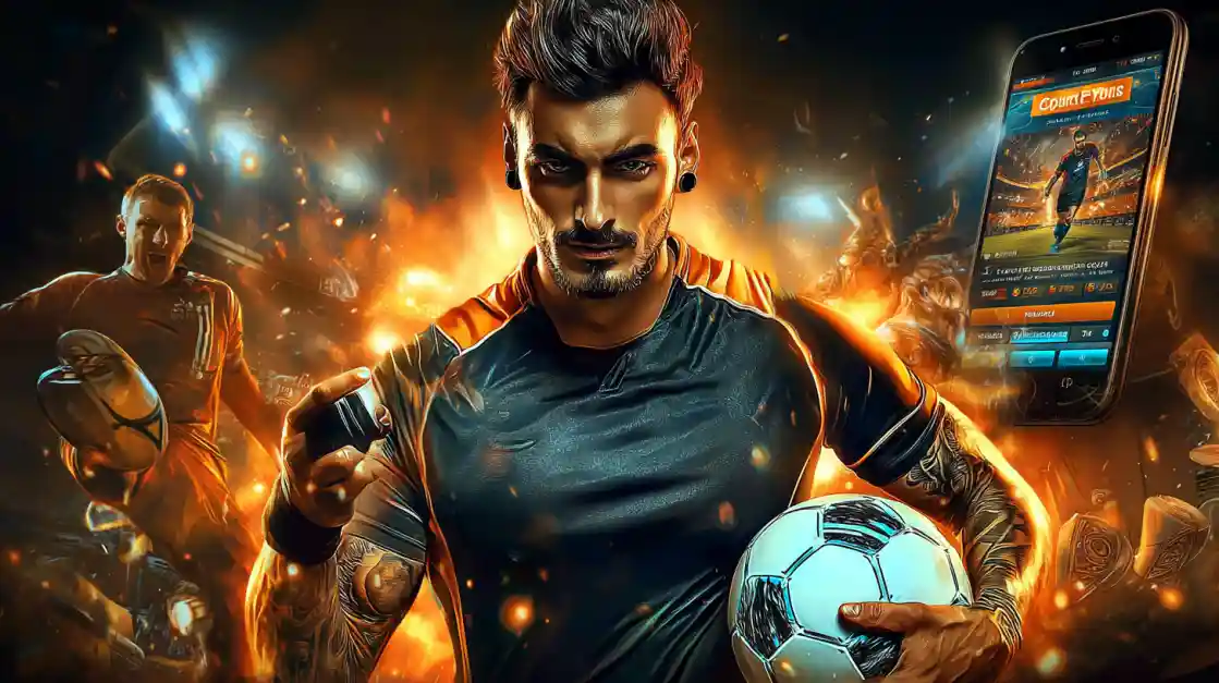 An intense male soccer player with tattoos holds a football, looking confidently at the camera with a ck77 sports betting app on a phone beside him, all set against a fiery action background.
