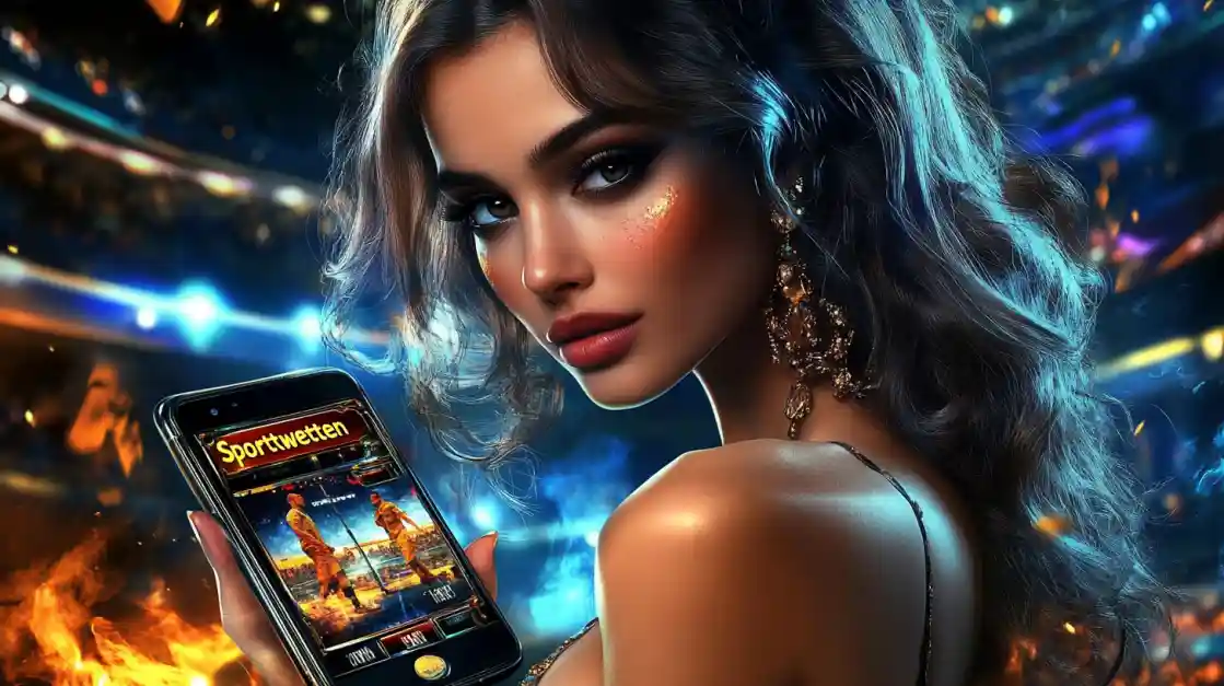 A glamorous woman with elegant makeup looks over her shoulder, holding a smartphone displaying the ck77 sports betting app against a vibrant stadium backdrop with fire effects.